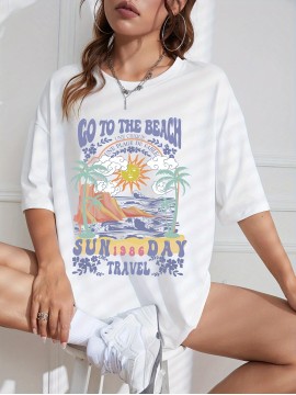 Y2K American Retro Casual Short-sleeved T-shirt, Coconut Tree Print Loose Drop Shoulder Tops, Women's Activewear