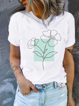 Floral Print Casual T-Shirt, Round Neck Short Sleeves Mid-Stretch Sports Tee, Women's Activewear