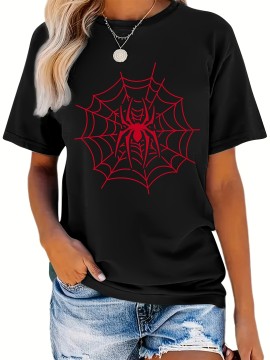 Spider & Web Print Versatile T-Shirt, Round Neck Short Sleeves Stretchy Casual Tee, Halloween Women's Sports Top