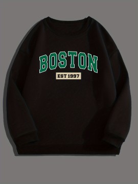 BOSTON EST 1997 Print, Sweatshirt With Long Sleeves, Men's Creative Slightly Flex Crew Neck Pullover For Spring Fall And Winter
