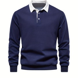 Cotton Blend Retro Color Block Men's Casual Pullover Long Sleeve Lapel Shirt For Spring Fall, Men's Clothing