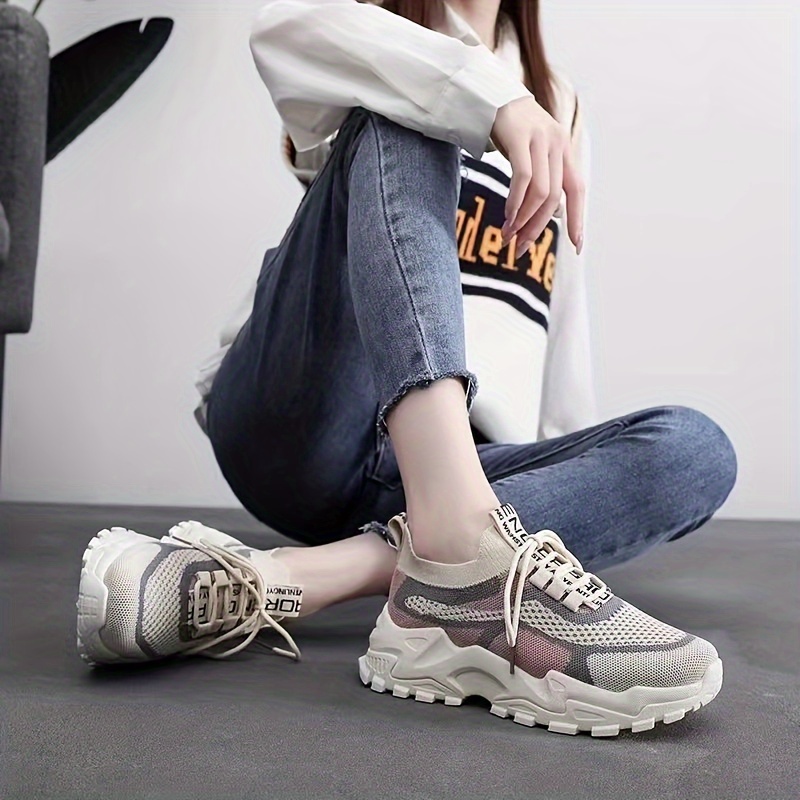 womens knit chunky sneakers colorblock lace up low top running sports shoes breathable walking trainers details 2